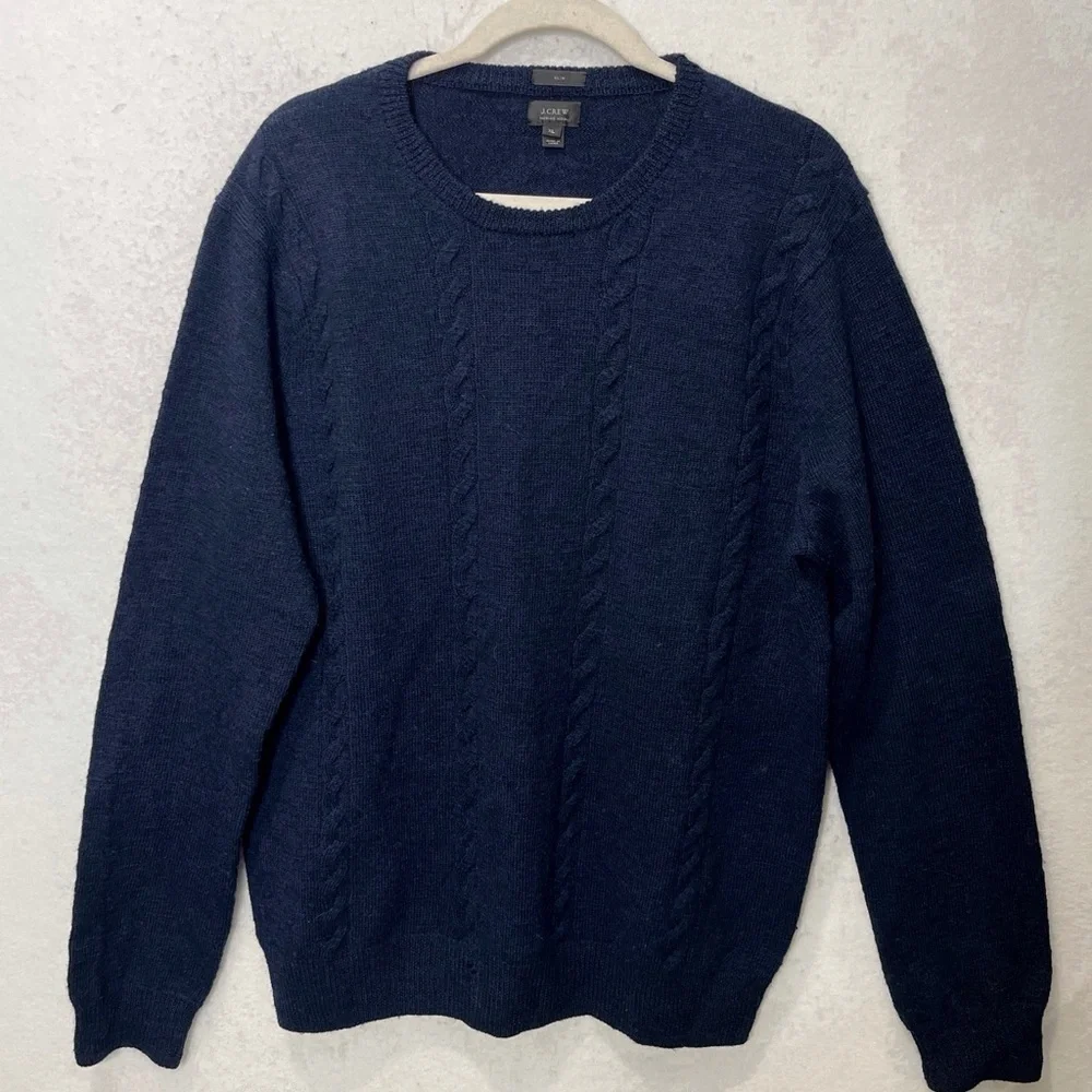 J. Crew Merino Wool Slim Navy Blue Sweater With Brown Leather Elbow Patches XL